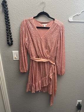 LC Lauren Conrad Rose Gold Sequin Faux-Wrap Ruffle Mini Dress